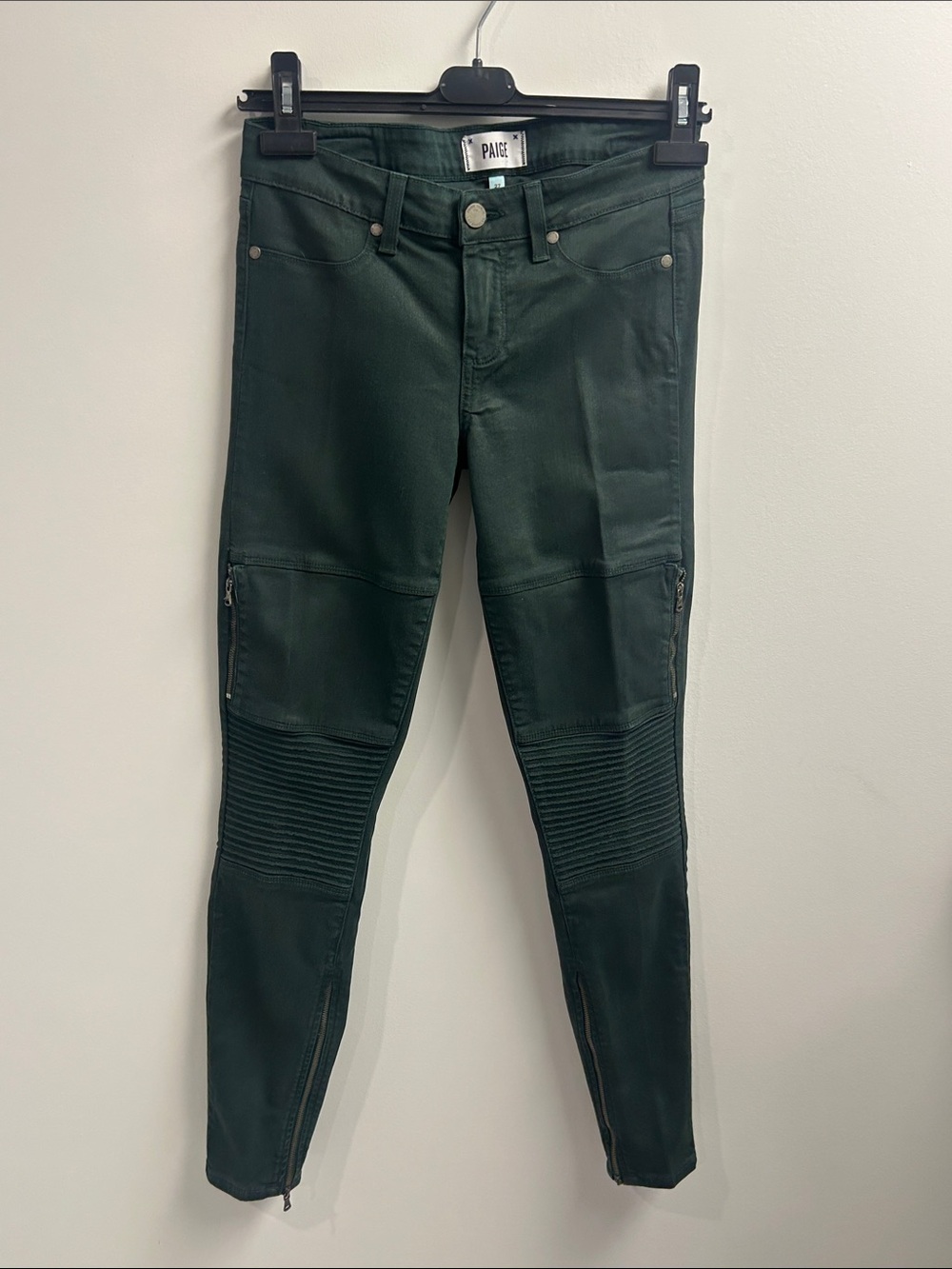 PAIGE Olive Green Waxed Denim Moto Jeans